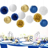 Navy-Blue Gold Party-Decorations Paper-Flowers Lanterns - 15PCS Royal White Baby Bridal Shower Tissue Pom Poms Streamers, Bachelorette Birthday Wedding Graduation Hanging Supplies Decor