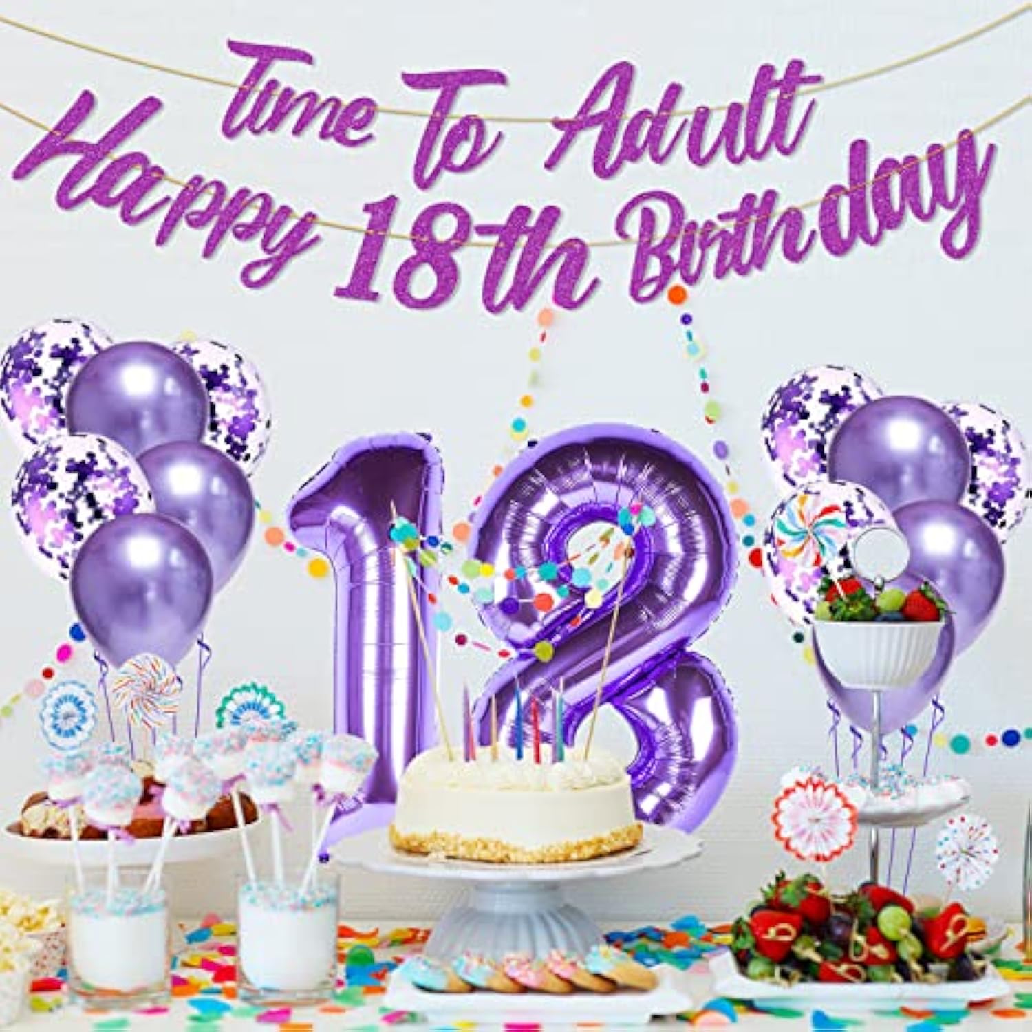 Purple 18Th Birthday Decorations For Girls Purple 18Th Birthday-Banner, Sash, Tiara 40 Inch No. 18 Foil Balloons Rose Gold Confetti Balloons 18Th Purple Party Set