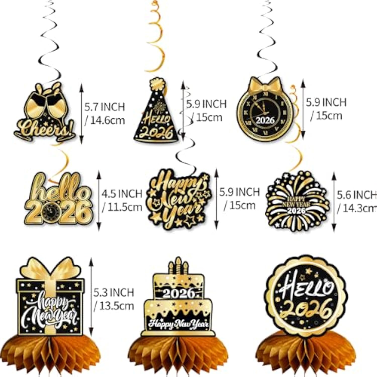 New Year 2026 Banner Hanging Swirls Honeycomb Party Decor