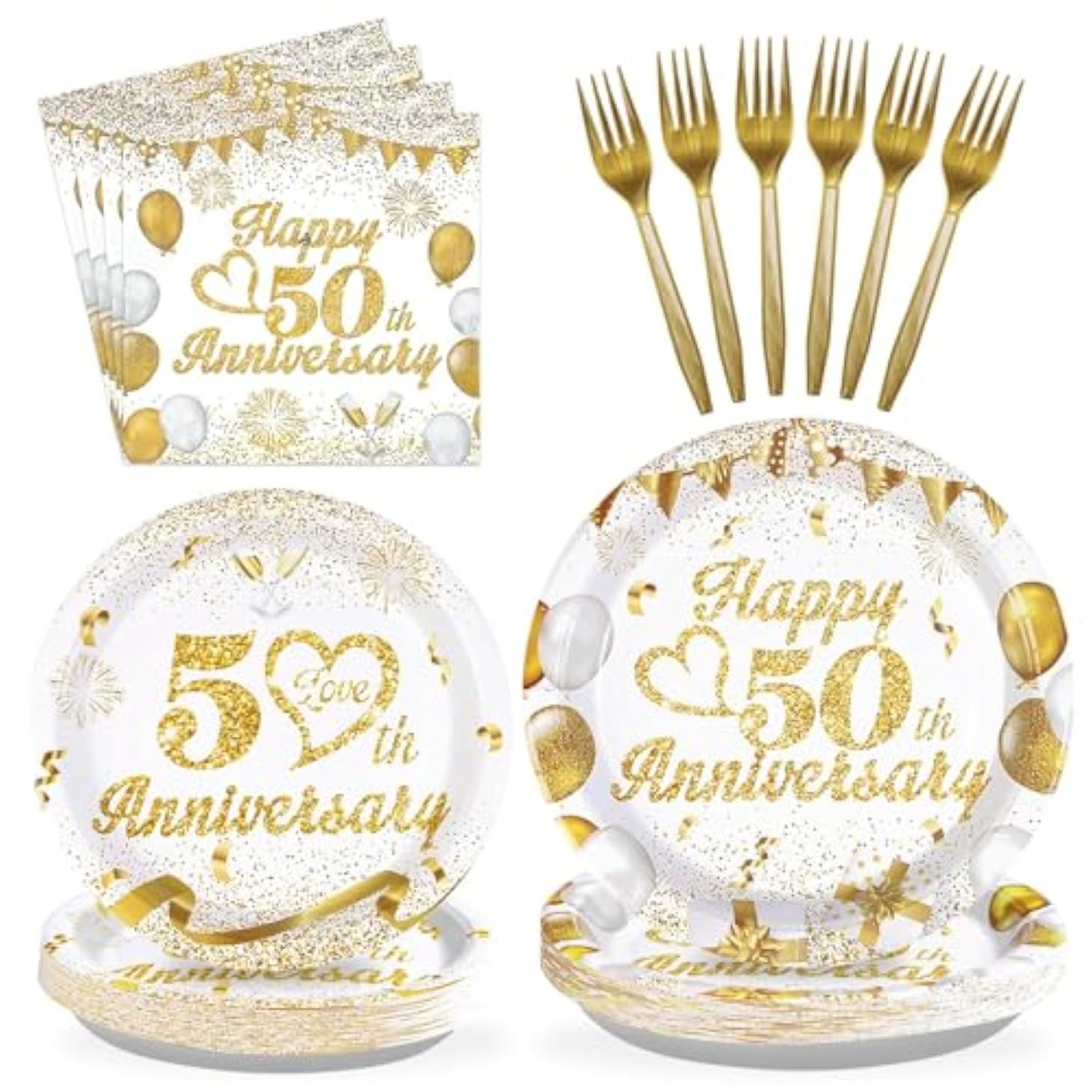 96Pcs 50Th Wedding Anniversary Decorations,Golden 50Th Anniversary Party Plates And Napkins,White And Gold Paper Tableware Set Party Supplies Party Favors For Men Women,Serve 24