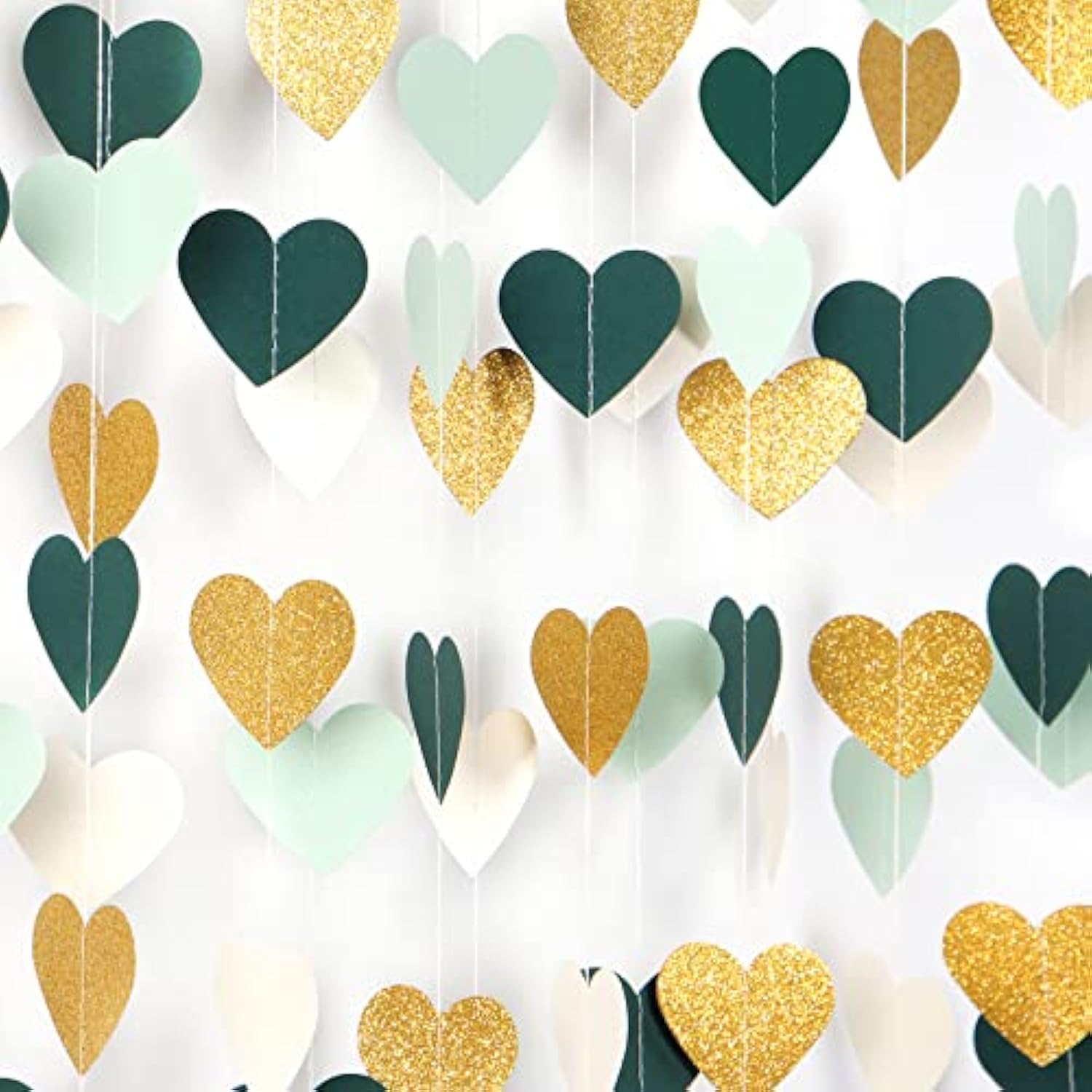 Sage Mint Beige Gold Heart Garland 52Ft – Rustic Party Decor for Weddings & Celebrations