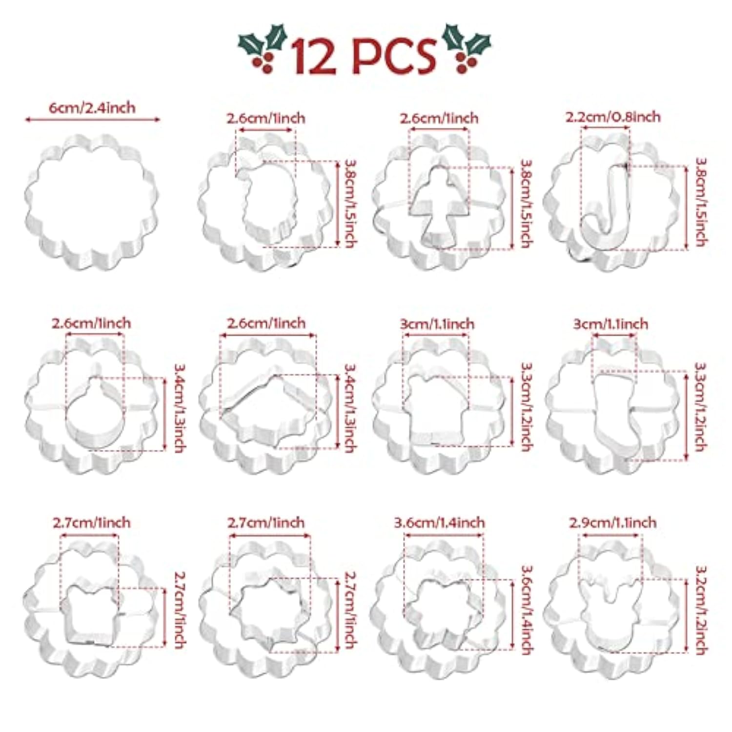 12Pcs Christmas Metal Cookie Cutters, Linzer Cookie Cutter Christmas Wreath Gingerbread Man, Snowflake, Deer Head For Baking Christmas Party Supplies