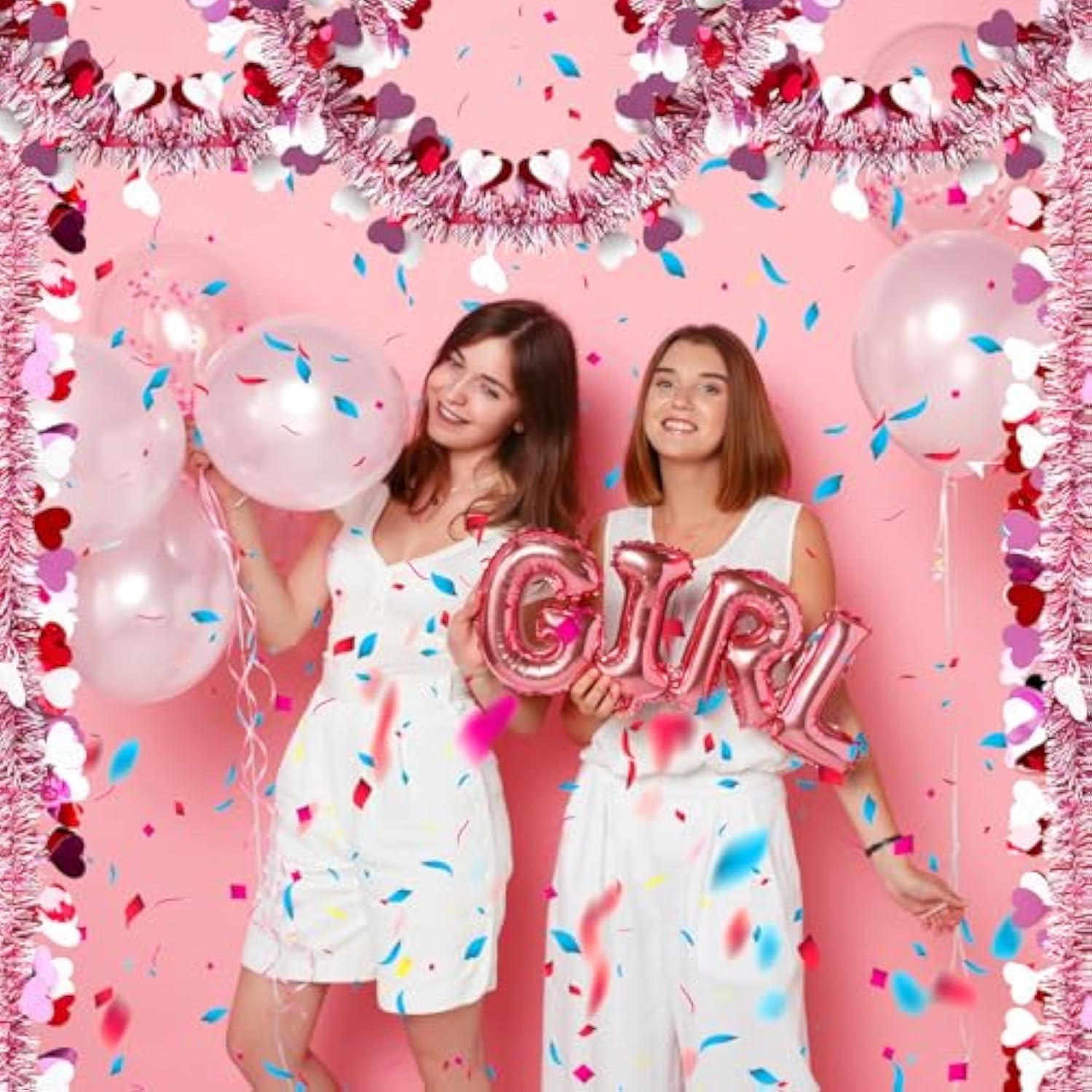 50 Ft Valentines Day Heart Tinsel Garland, Red Pink White Metallic, Shiny Foil Heart Hanging Garland Streamer For Home Indoor Outdoor Decor