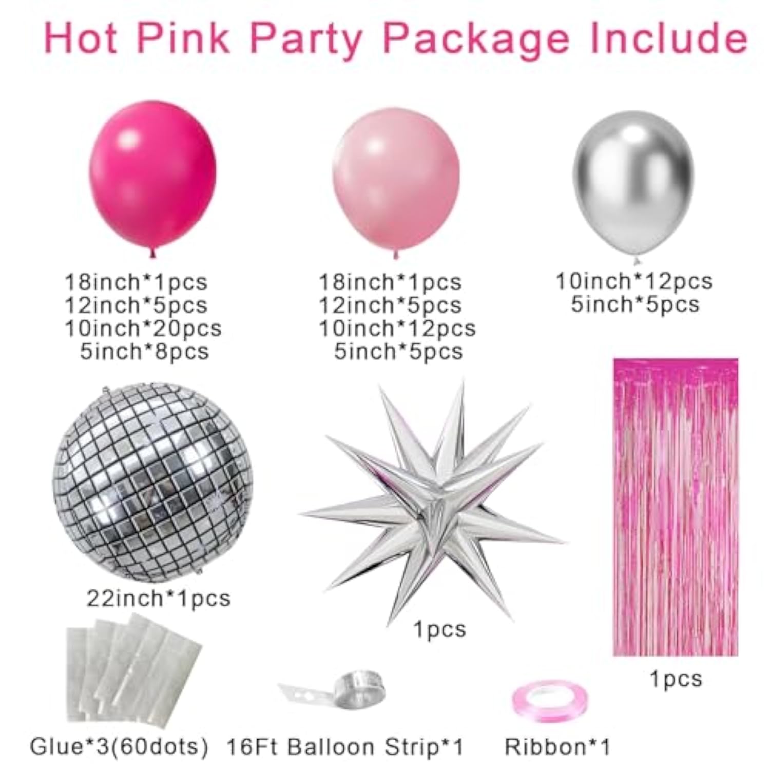 Hot Pink Balloon Garland Arch Kit,Pink Silver Chrome Balloons With Silver Disco Ball Explosion Star Balloon For Girls Women Birthday Party Valentine'S Day Bridal Shower Wedding Mother'S Day