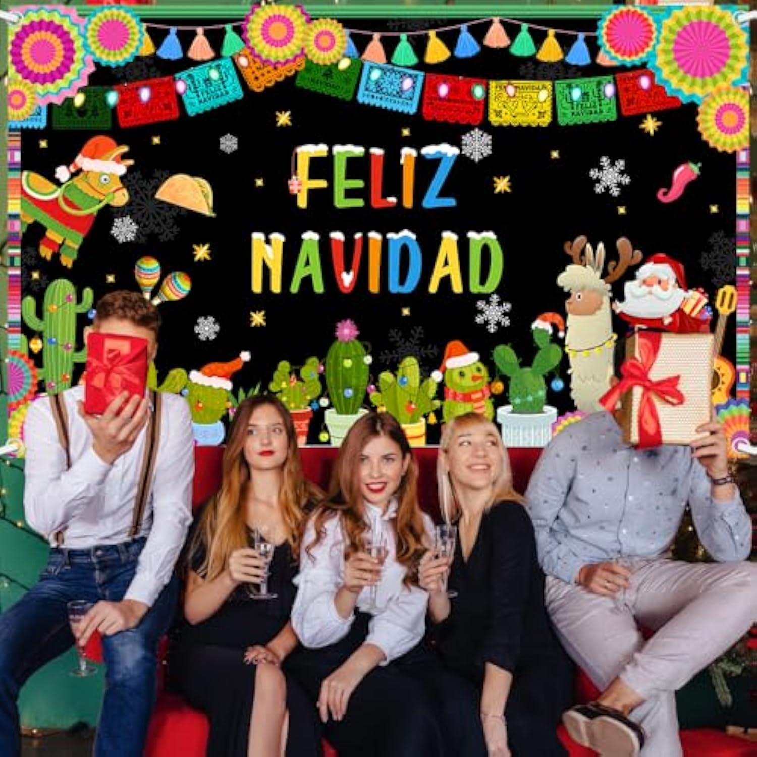 Feliz Navidad Backdrop Banner, Mexican Merry Christmas Party Supplies, Santa Cactus Snowflake Christmas Party Decorations, Winter Xmas Fiesta Family Holiday Party Photo Props 70.8X43.3 Inch