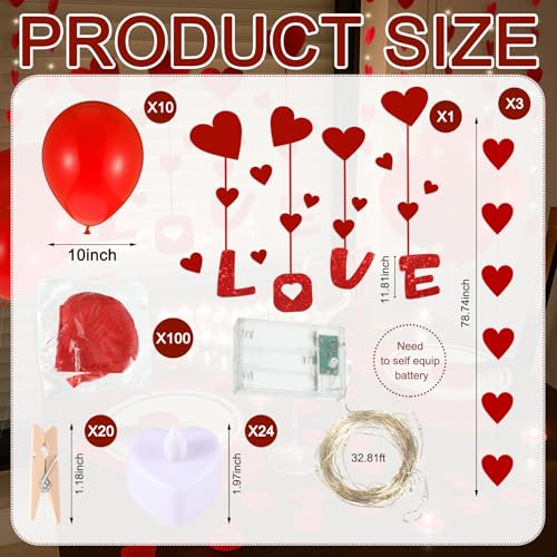 176 Pcs Valentines Day Decoration for Classroom Office Red Heart Balloon Artificial Rose Petal Heart LED Tea Light Candle Banner Love Cardboard Light String Clip for Party School Wall Ceiling