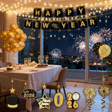 Happy New Year 2026 Black Gold Alphabet Banner Hanging Swirl Party Decor
