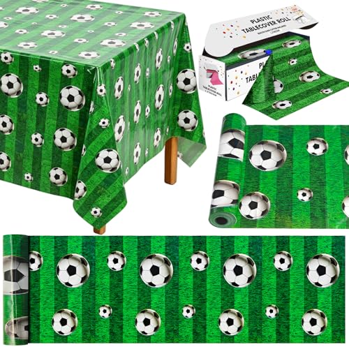 Soccer Tablecloth Roll with Slide Cutter, 54 in x 100 Ft Soccer Field Decoration Roll, Disposable Waterproof Table Cover for Birthday Party Decorations Wall Backdrop Sports Event Supplies