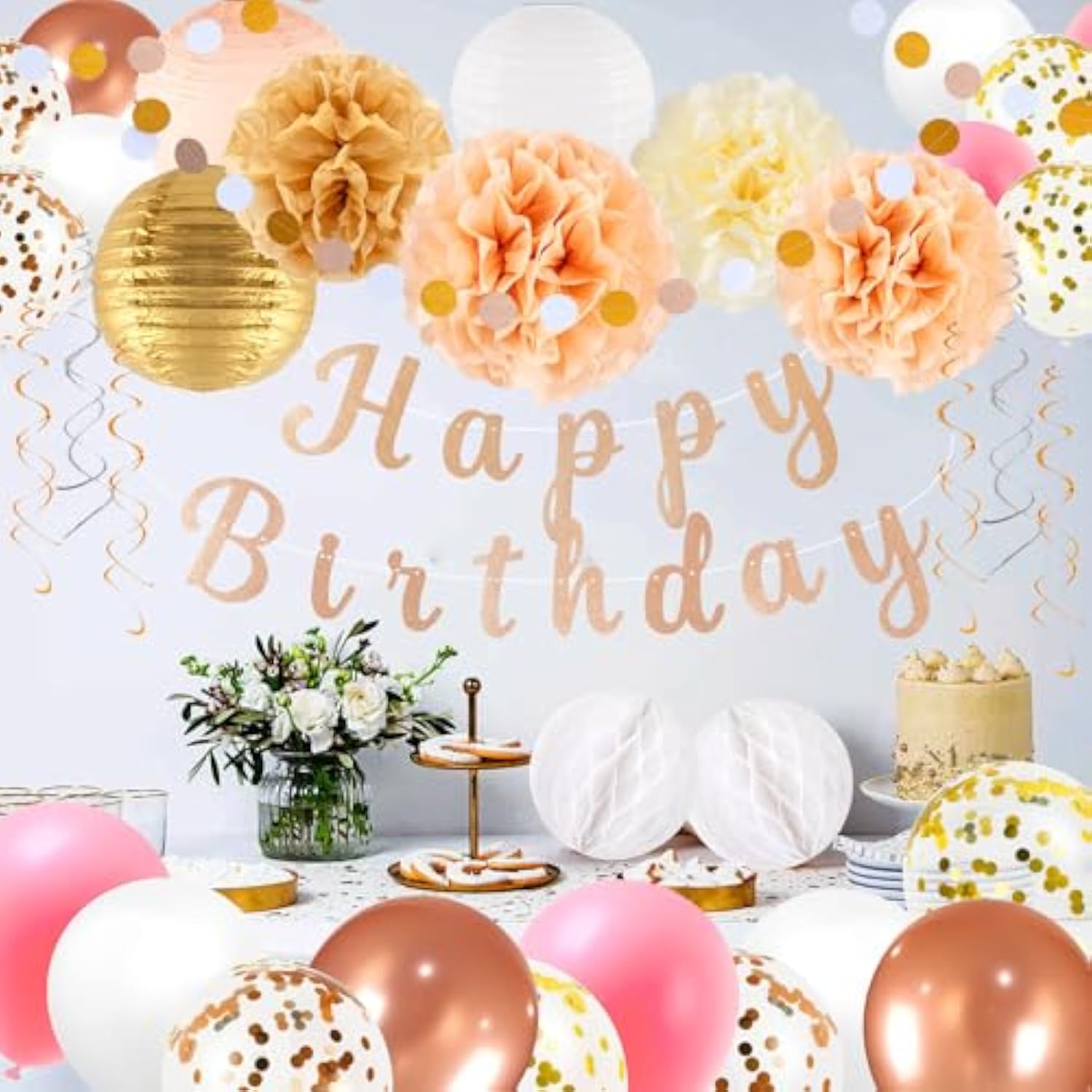 Rose Gold Happy Birthday Party Decorations-33Pcs Happy Birthday Banner, Circle Dots Garland, Paper Lantern, Hanging Swirl Streamers, Fan, Paper Poms, Honeycom Ball And Balloons, Photo Background Decor