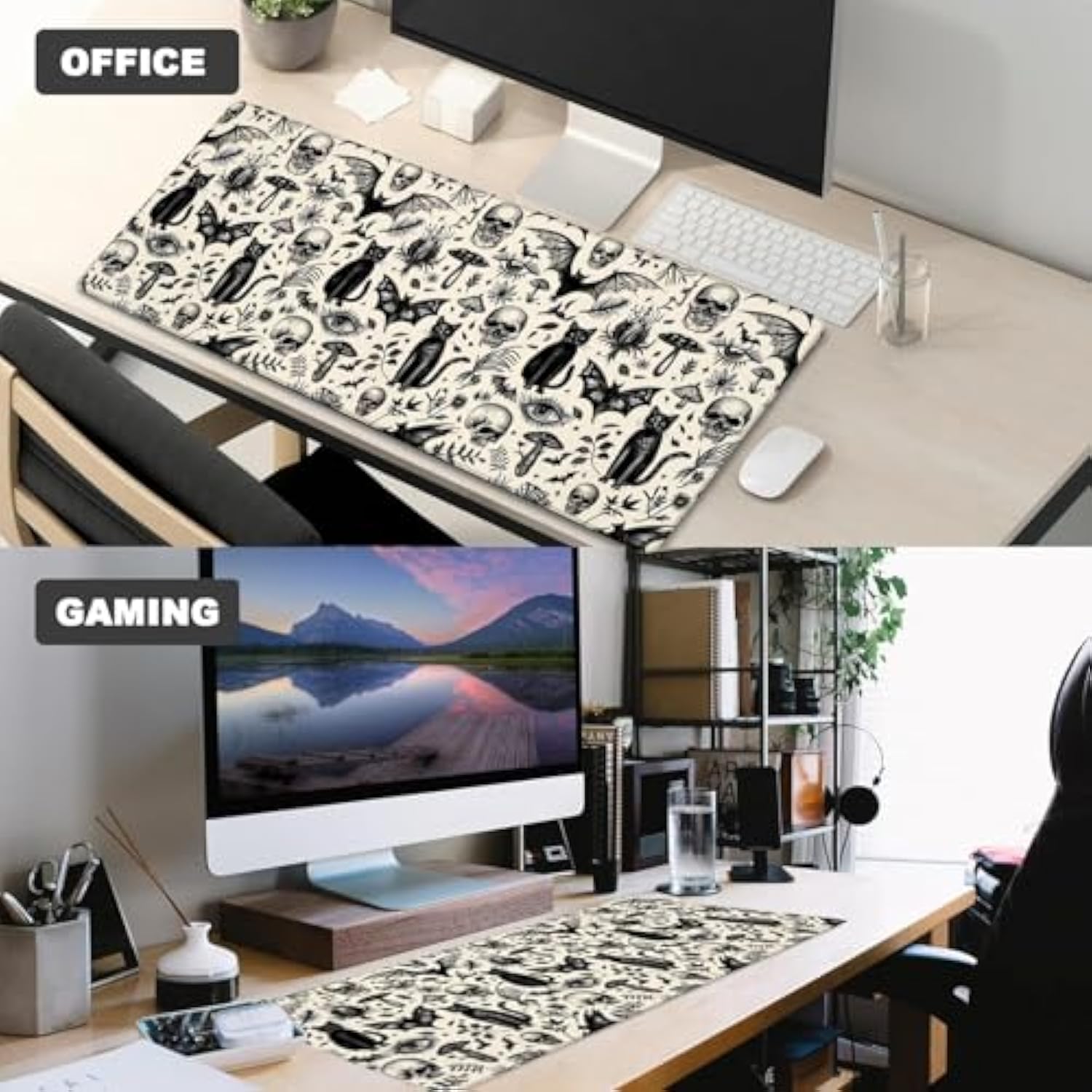 Gothic Cat And Skull Gaming Mouse Pad – 12X31.5In Non-Slip Rubber Desk Mat With Vintage Occult Design – Large Extended Mousepad For Office, Home – Deskmat Gifts For Goth And Dark Art Decor