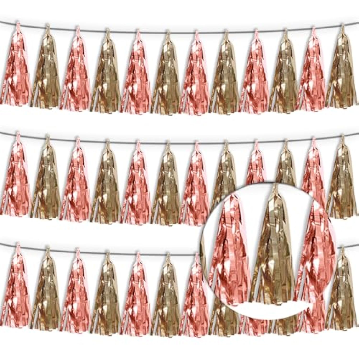 3P Rose Champagne Gold Metallic Fringe Tassel Banner Garland Foil Tinsel Streamer Wall Hanging Curtain Backdrop Banner For Parade Floats, Graduation Decorations, Wedding Party Decoration