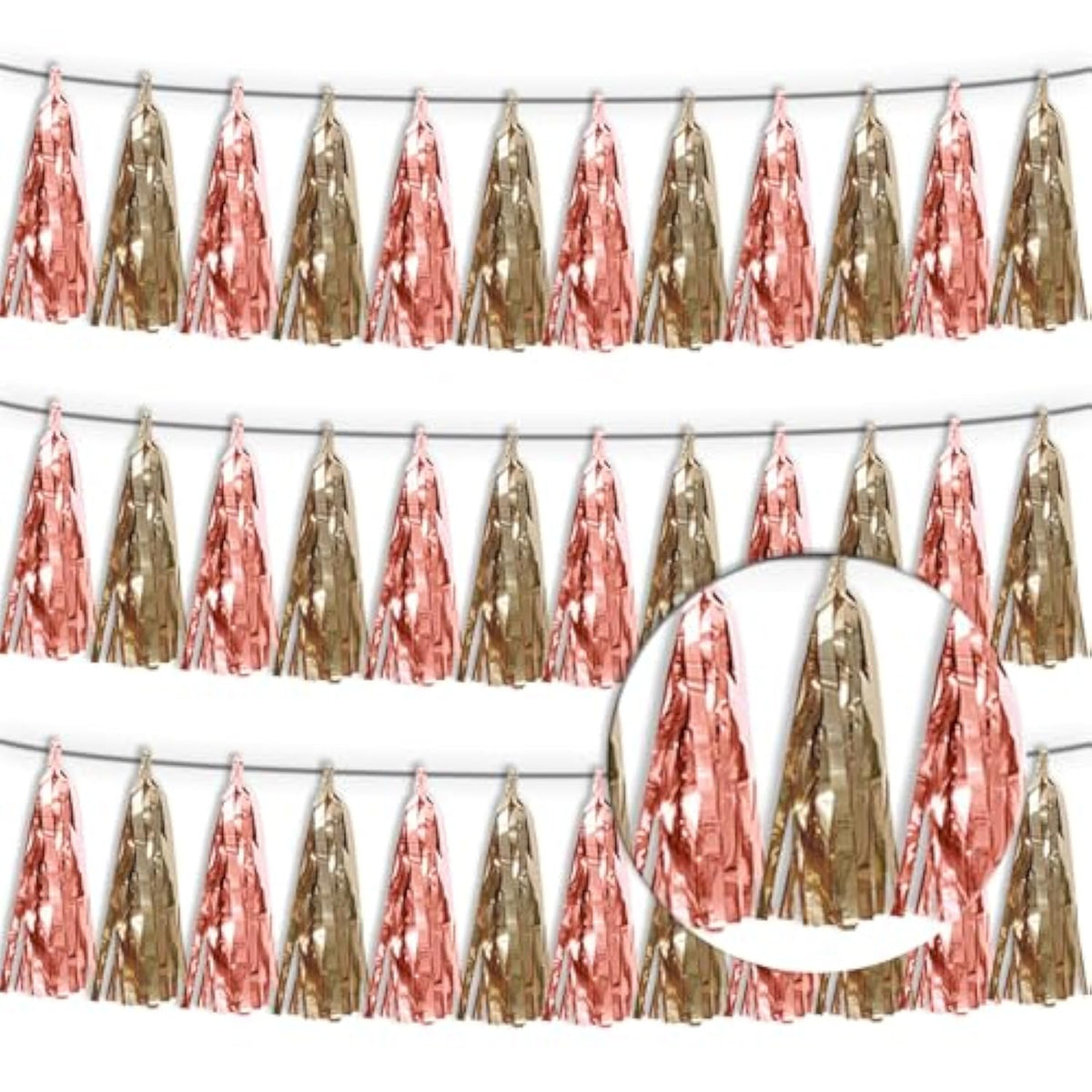 3P Rose Champagne Gold Metallic Fringe Tassel Banner Garland Foil Tinsel Streamer Wall Hanging Curtain Backdrop Banner For Parade Floats, Graduation Decorations, Wedding Party Decoration