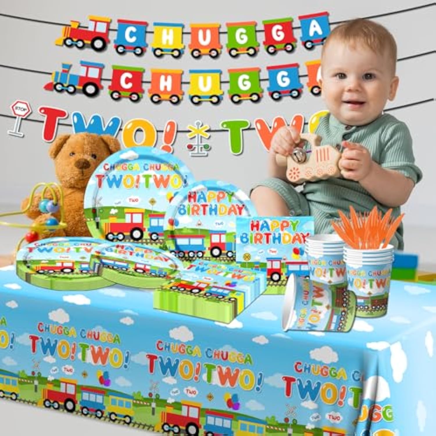 Chugga Chugga Two Two Party Decorations,142Pcs Train 2Nd Birthday Tableware Plates,Napkins,Cups Train Theme Party Favors For Baby Shower,2Nd Birthday Decorations For Boys