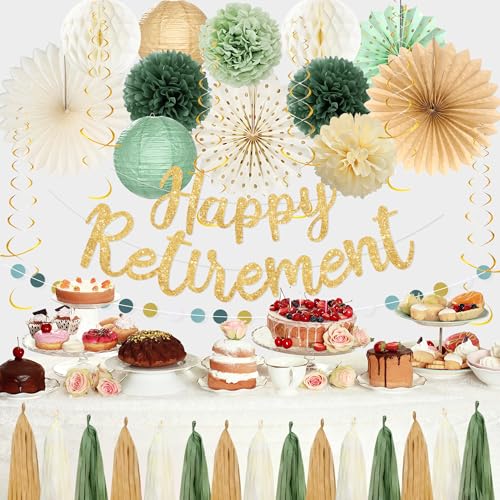 Retirement Party Decorations Women Men, Green Gold Happy Retirement