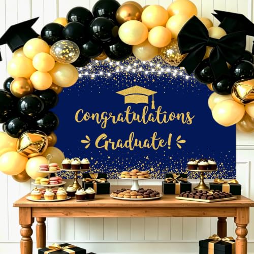 7x5ft Congratulation Graduate Backdrop Class of 2026 Graduation Party Decorations Background Blue Gold Congrats Grad Decor Banner Photography Background Studio Photo Booth Props
