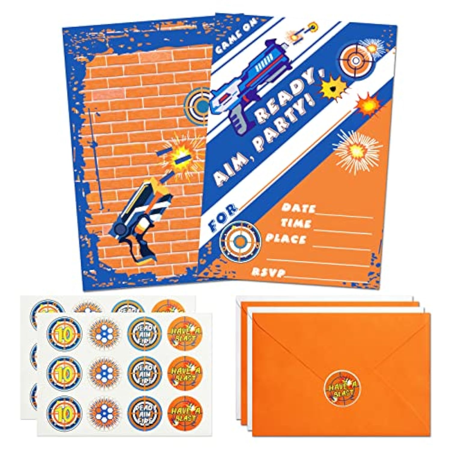 24 Pack Dart War Birthday Invitations Nerf Dart War Gun Party Invitation Cards, 24 Pack Dart War Sticker Labels, 24 Envelopes Dart War Nerf Party Supplies For Boys Kids Birthday Party