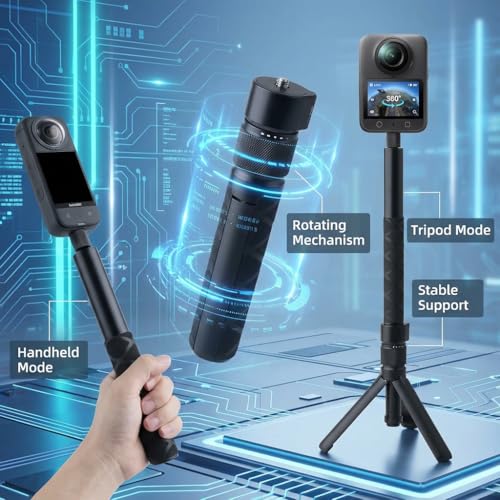 Bullet Time Handle Tripod Rotating Grip with Invisible Selfie Stick, for Insta360 X5/X4, DJI OSMO Pocket 3, GoPro, 1/4" Thread, 6 lbs Load Capacity,