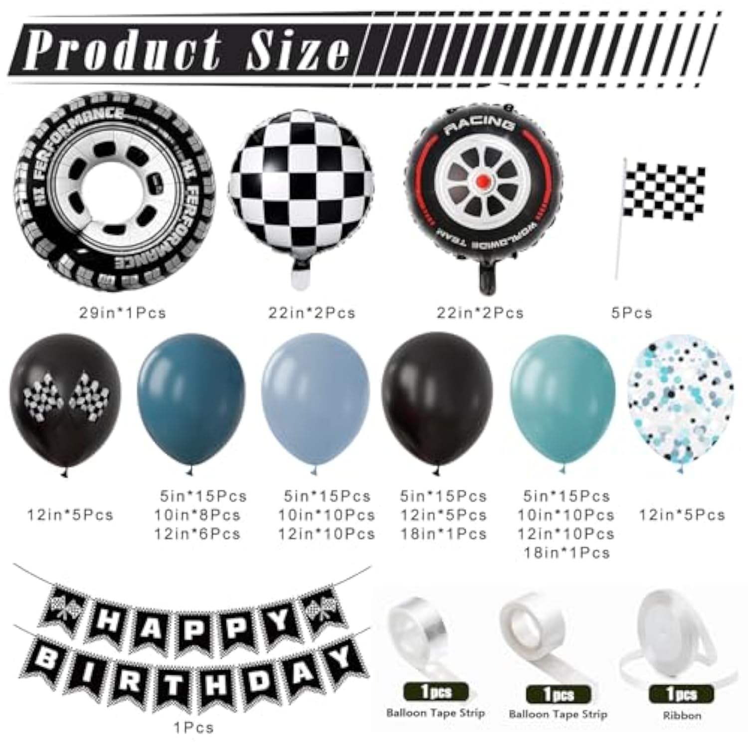 Race Car Balloon Garland Arch Kit – Dusty Blue & Black Balloons With Banner, Checkered Balloons & Flag For Two Fast, Cars, Or Race Car Birthday Party Decorations