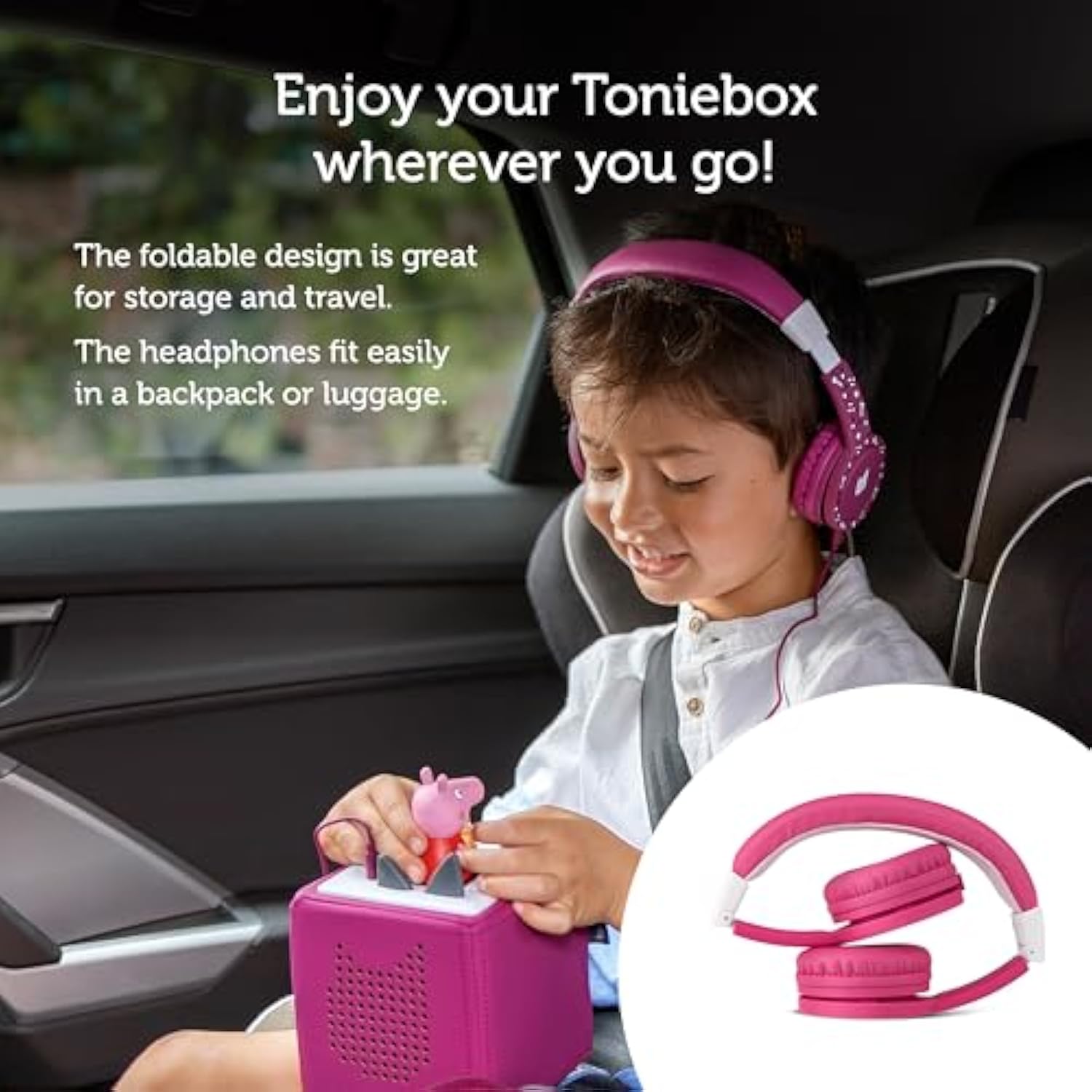 Foldable Wired Headphones For Kids - Comfortably Designed To Fit On-Ear - Works With Toniebox And All 3.5Mm Devices - Pink