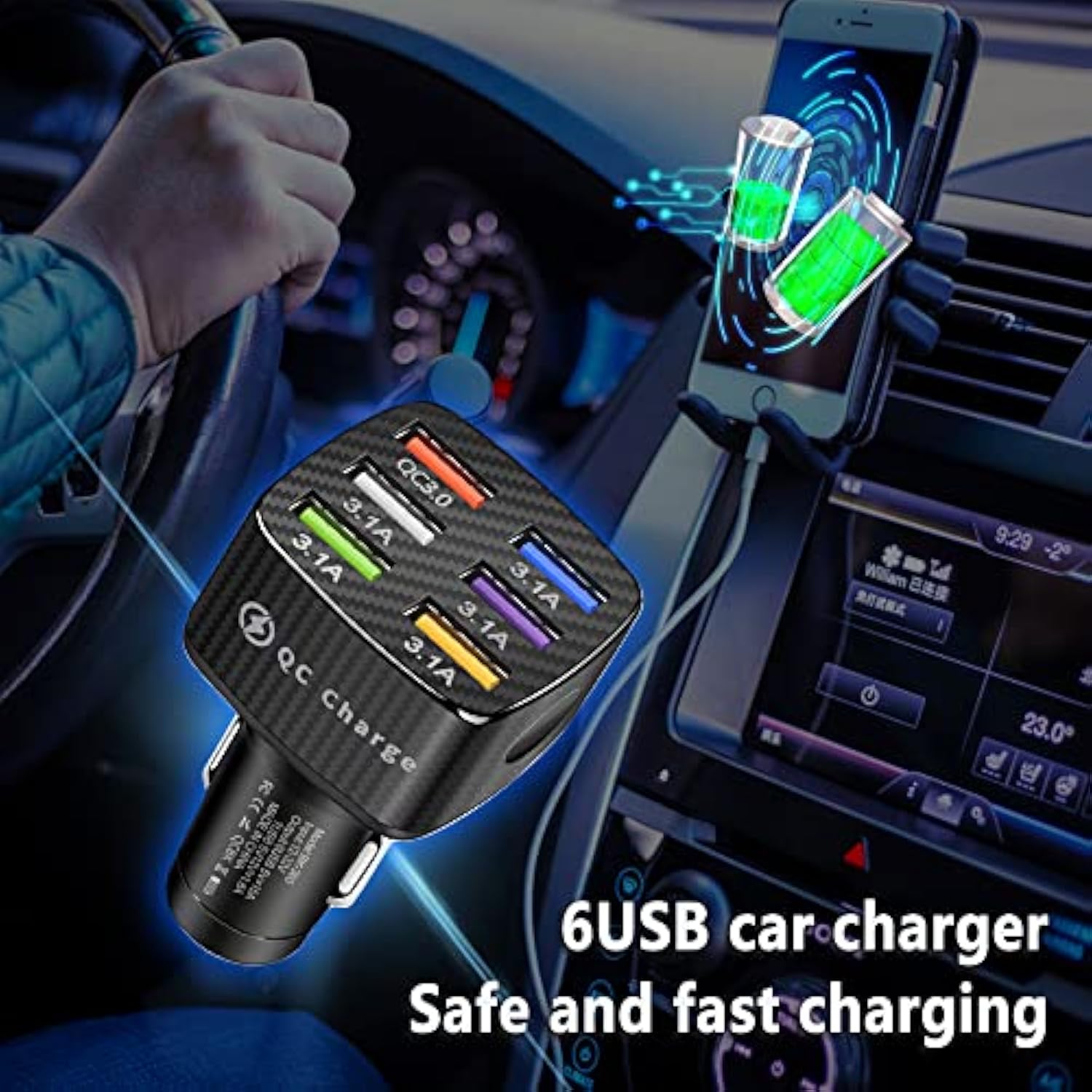 Fast Charging 6 Ports Car Phone Charger Adapter,Qc3.0/3.1A Type Smart Shunt Cigarette Lighter Usb Charger Compatible With Iphone 14 13 12,S22 S21 S20,Ipad Pro& All Mobil Phone (Black)