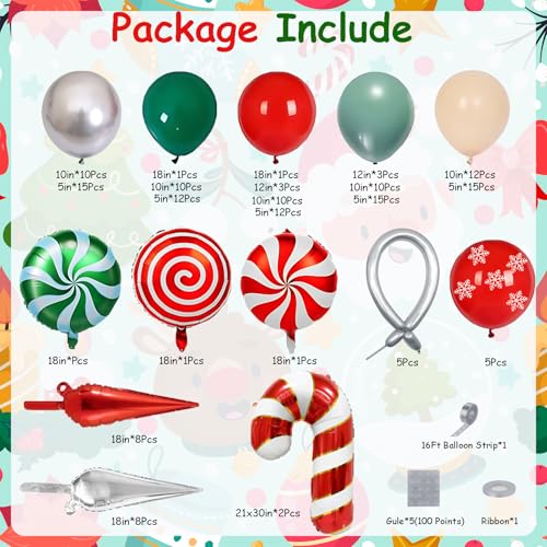 Christmas Balloon Garland Arch Kit with 160Pcs Red Green Silver and Peach Nude Balloon, Cane Candy Foil Balloons, Silver Starburst Balloons for Christmas Party Decorations