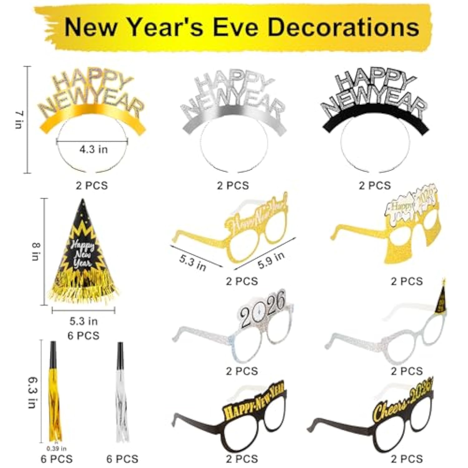 36pcs New Year 2026 Party Kit Black Gold Silver Hats Glasses Noise Makers