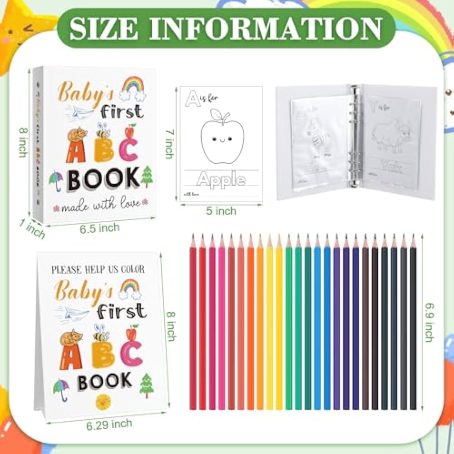 Baby'S First Abc Book With 24 Colored Pencil, Baby Shower Keepsake Game Activity, Alphabet Coloring Guest Book, Alphabet A To Z Coloring Cards Interactive Keepsake For Guests(Mixed)