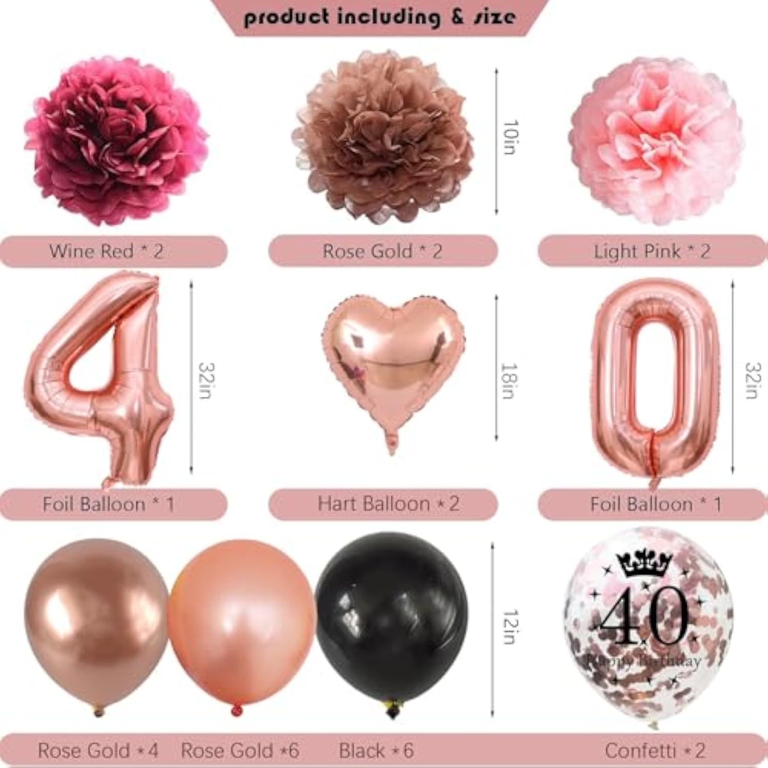 40Th Birthday Decorations For Women, Rose Gold Happy 40Th Birthday Decorations Banner Balloons Pompoms Backdrop Star Streamer, 40Th Birthday Party Supplies Set