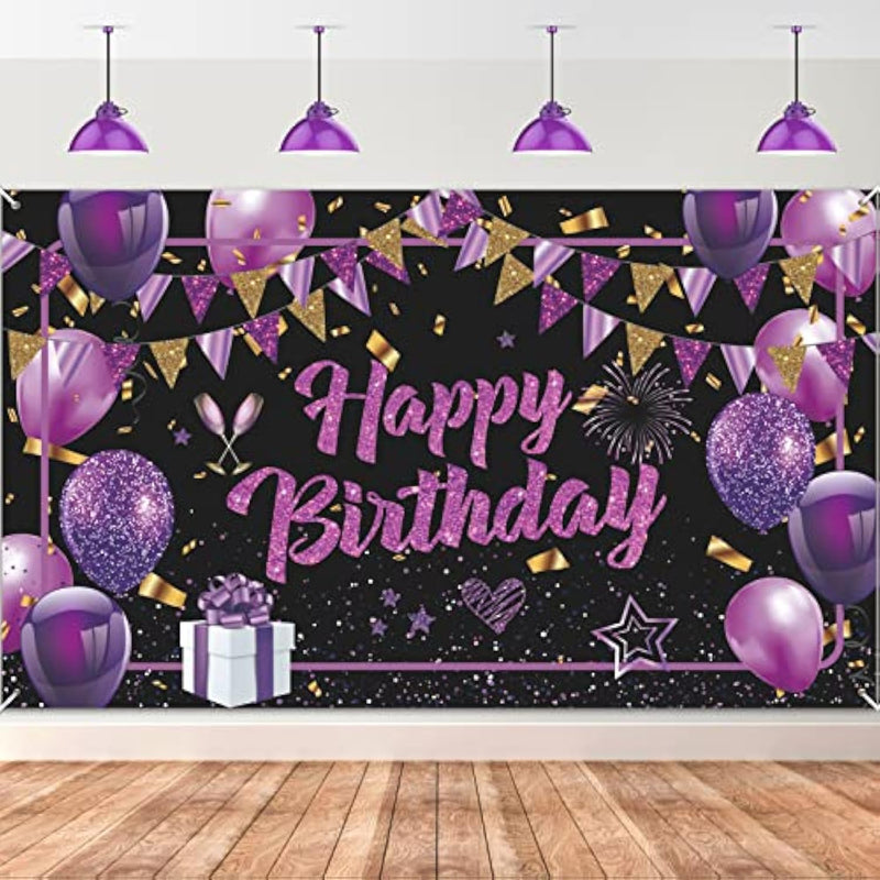 Purple Happy Birthday Banner - Black Gold Party Decorations Large Sign Shiny Backdrop Photo Booth Background For Women Girls 71 X 44 Inch