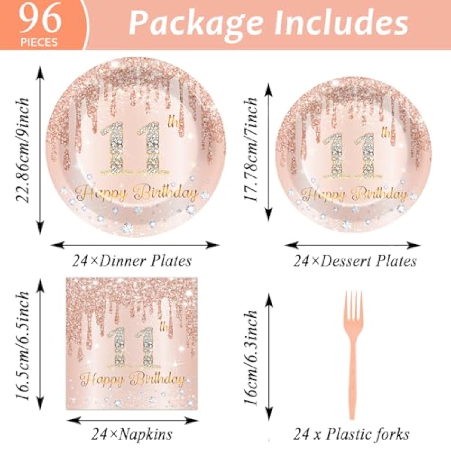 96 Pcs Rose Gold 11Th Birthday Party Decorations For Girls Happy 11 Years Birthday Paper Plates And Napkins Pink Rose Gold Party Tableware Set For 24 Guests Parties Supplies