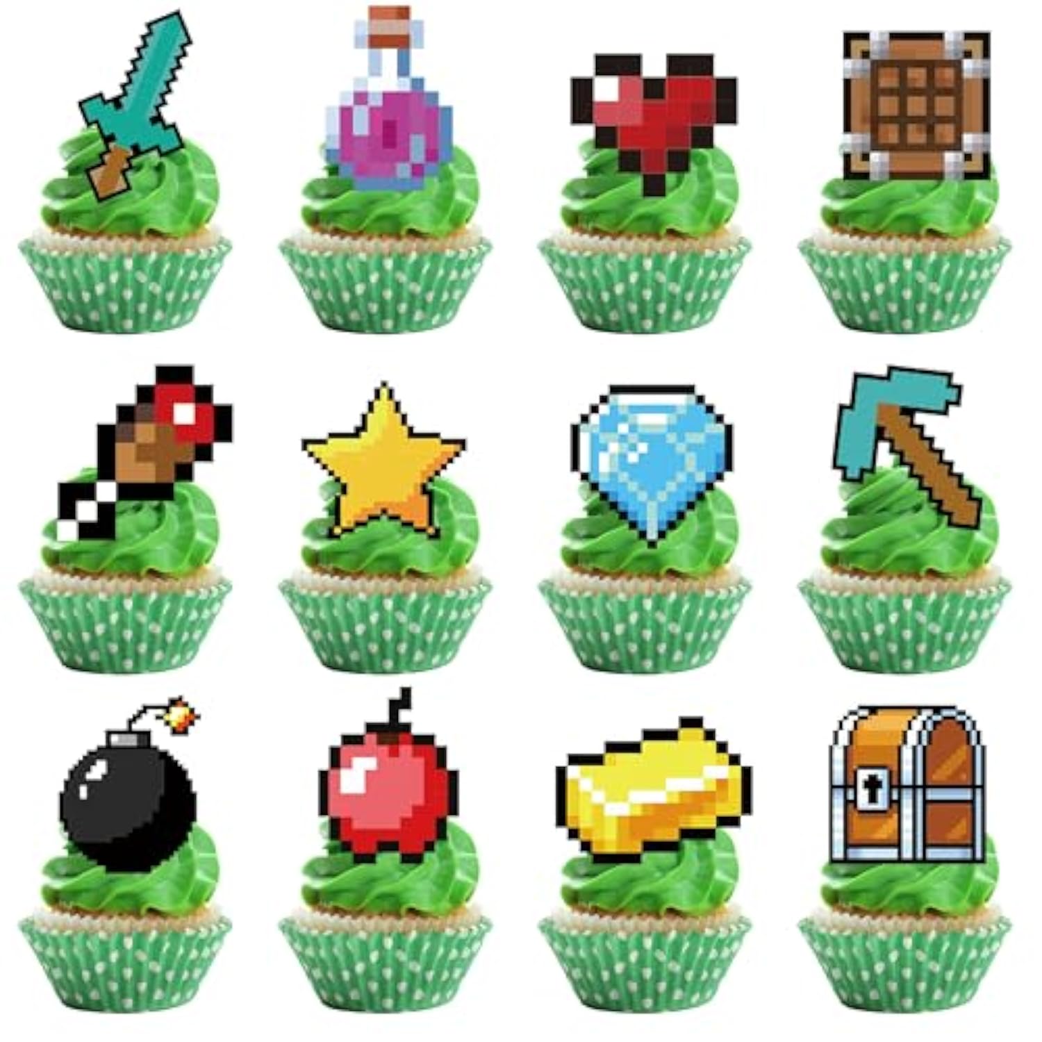 Birthday Cupcake Toppers Set,24Pcs Party Supplies For Kids Boys Video Game Birthday Cake Decorations