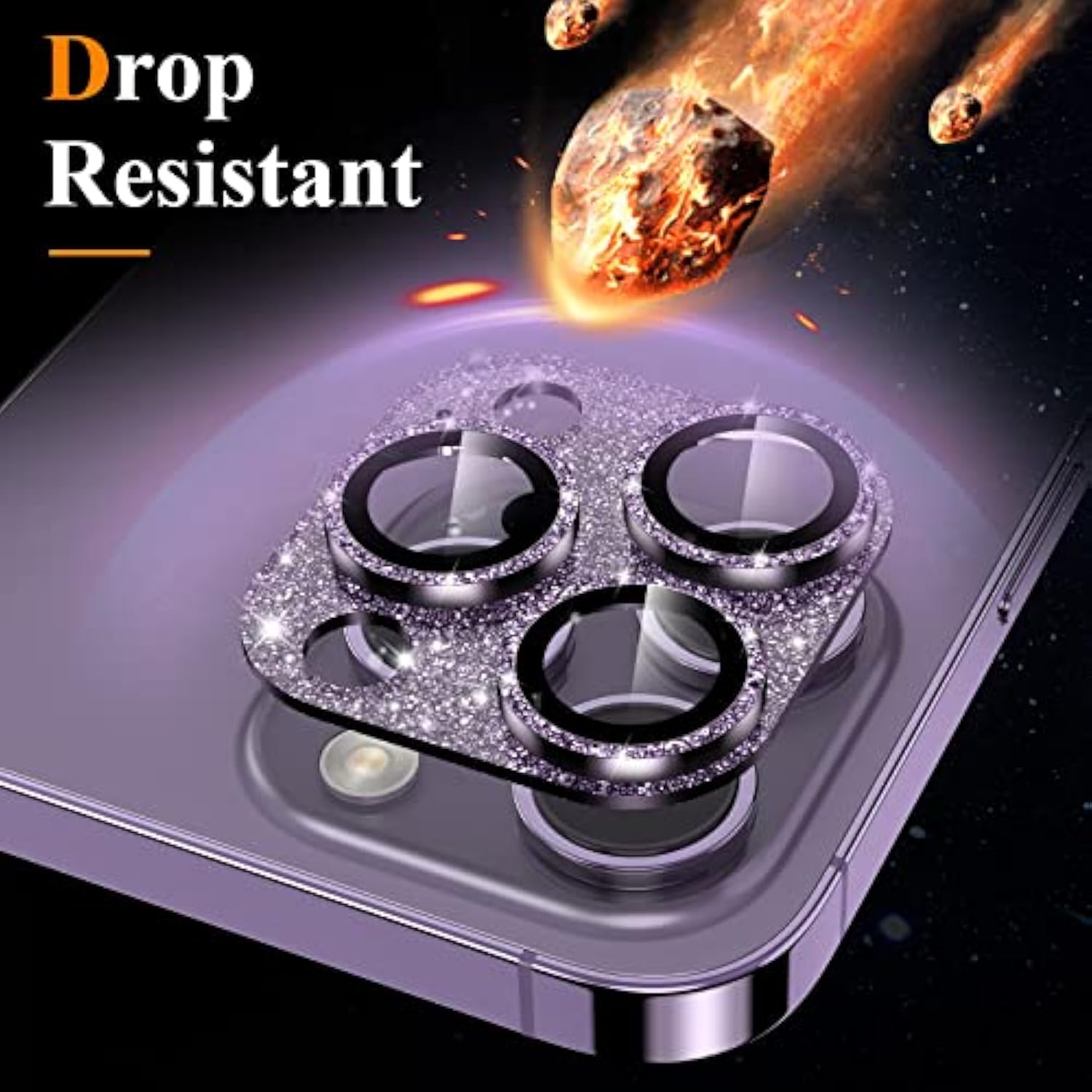 For Iphone 14 Pro/Iphone 14 Pro Max Camera Lens Protector, [4Th Gen New Bling Design] Glitter Shiny Diamond Metal Ring Tempered Glass Back Camera Screen Protector Lens Cover (Purple)