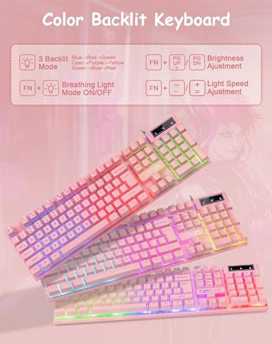 Light Up Cute Pink Gaming Keyboard, 104 Keys Full Size, Number Pad, 19 Keys Anti-Ghosting, Multimedia Function Keys, 3 Colors Led Backlit, Usb Wired Creamy Keyboard For Pc, Computer, Desktop, Laptop
