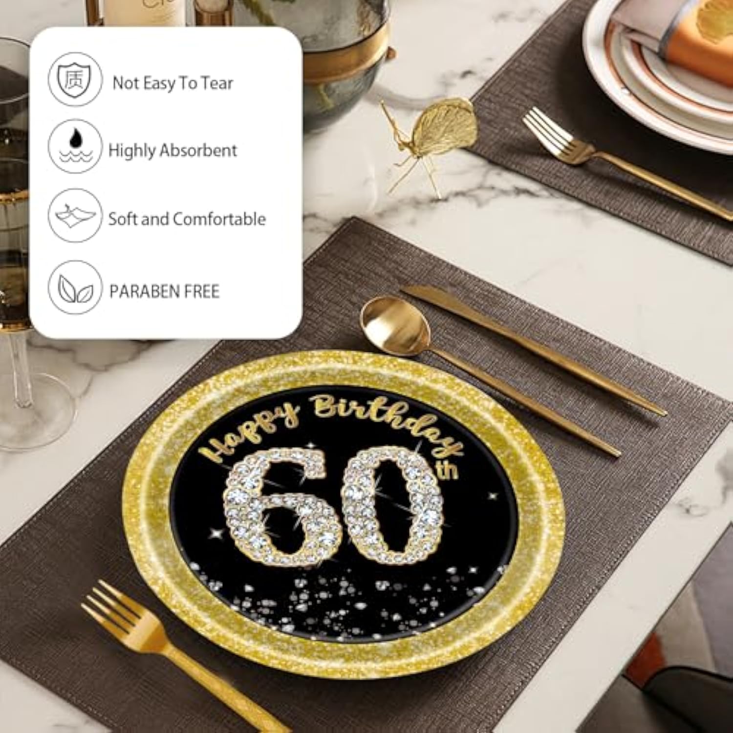 72-Piece 60th Birthday Party Set - Black & Gold Plates, Napkins for 24 Guests