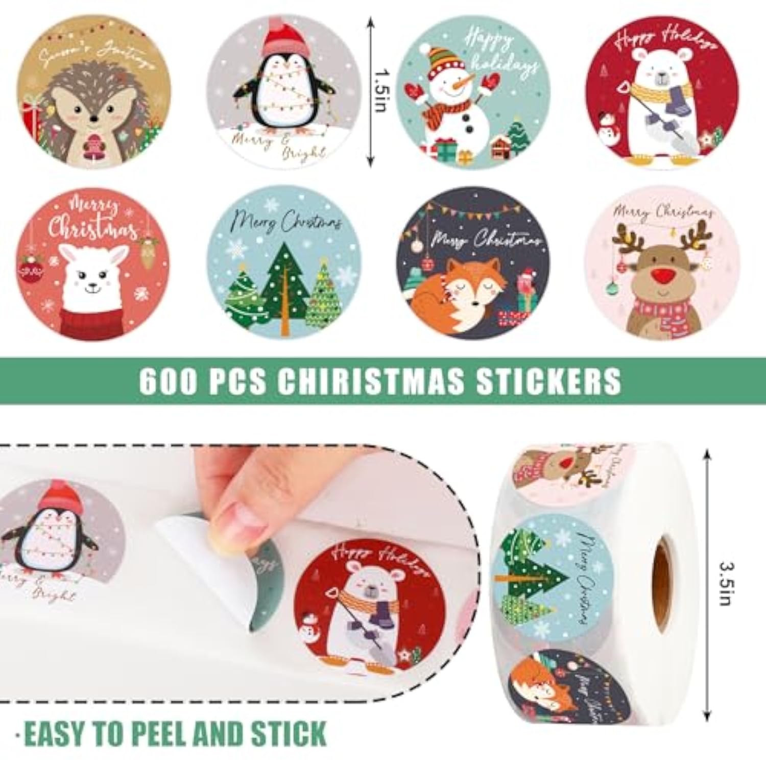1000Pcs Christmas Stickers 1.5" Xmas Winter Woodland Animal Snowman Pine Tree Stickers Self-Adhesive Label Decals For Envelopes Cards Gifts Decor Party Supplies, 8 Designs