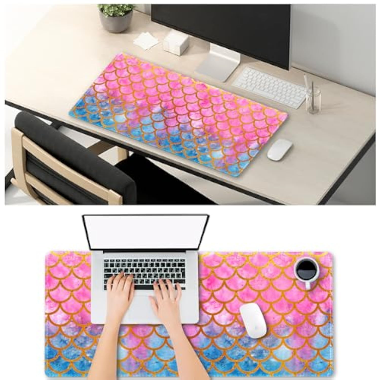 Extended Big Mouse Pad Large, Xxl Gaming Mousepad Desk Pad, 35.1X15.7 Inch Long Computer Keyboard Mouse Mat Stitched Edge Non-Slip Desk Decor For Home Office, Pink Scale