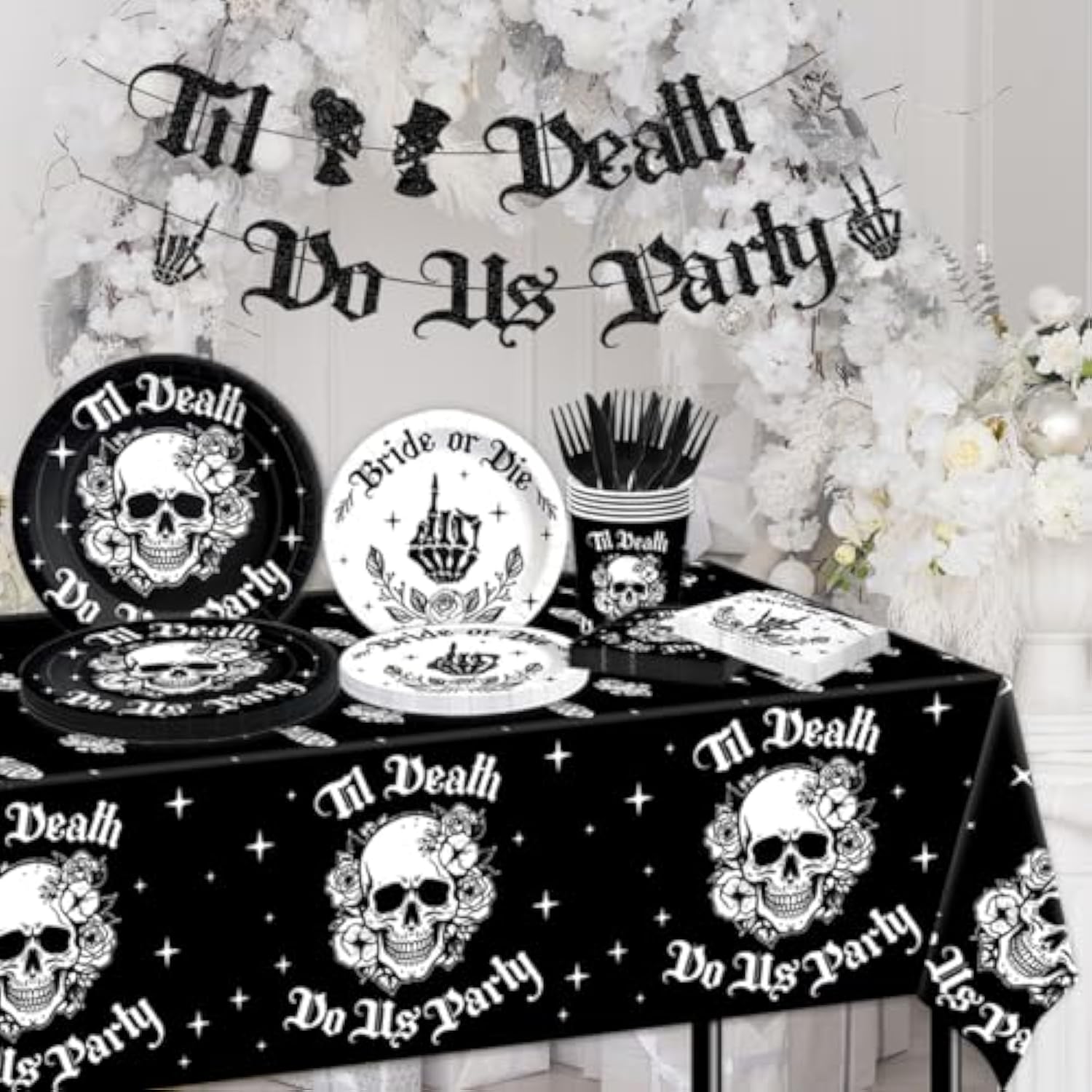 Bride Or Die Bachelorette Party Decorations-142Pcs Til Death Do Us Party Plates And Napkins Kit Skull Gothic Halloween Bachelorette Tableware For Bride Or Die Bridal Shower Engagement