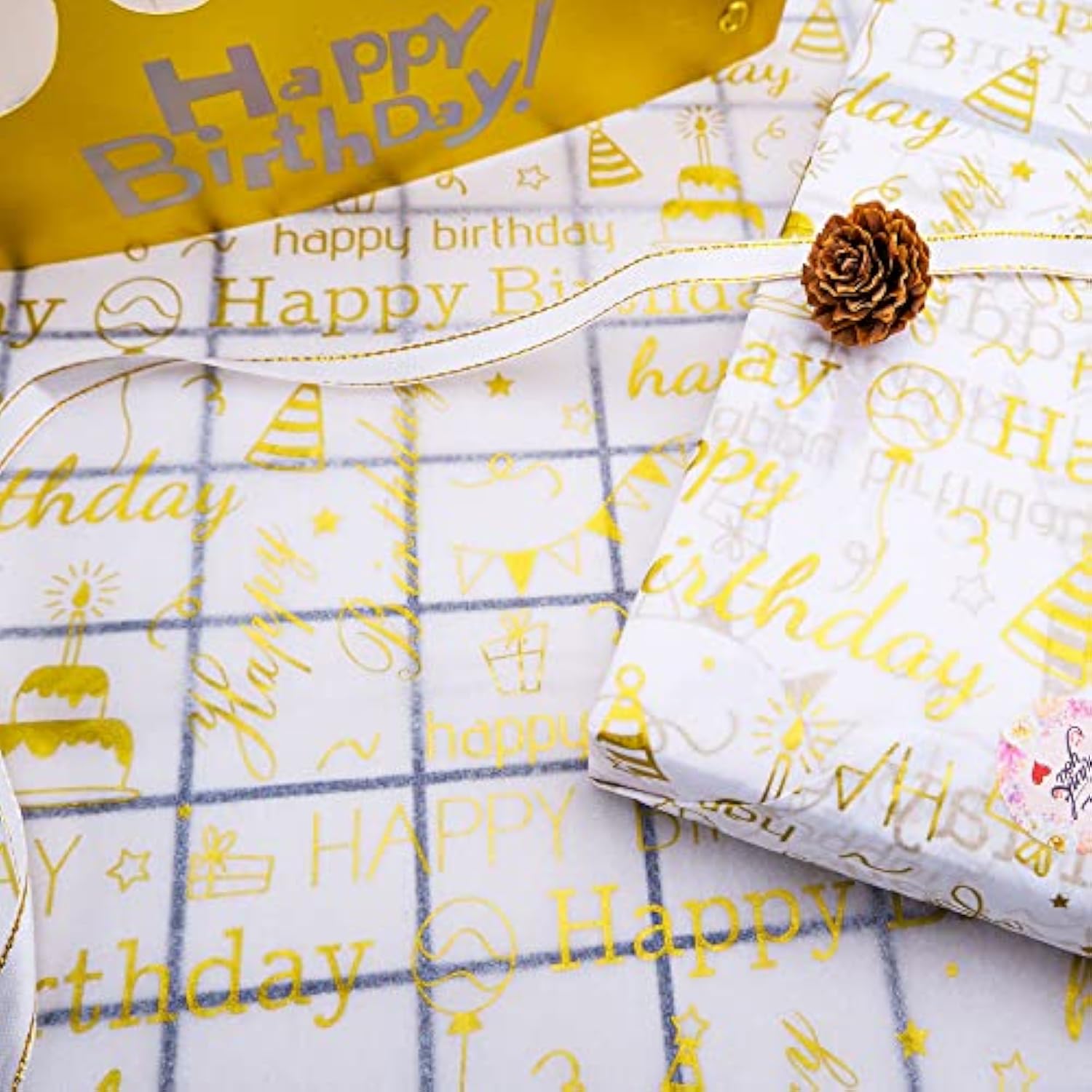 Large Gold Birthday Tissue Paper, 20" X 28", White With Happy Birthday Design For Gift Bags And Party, 30 Sheets