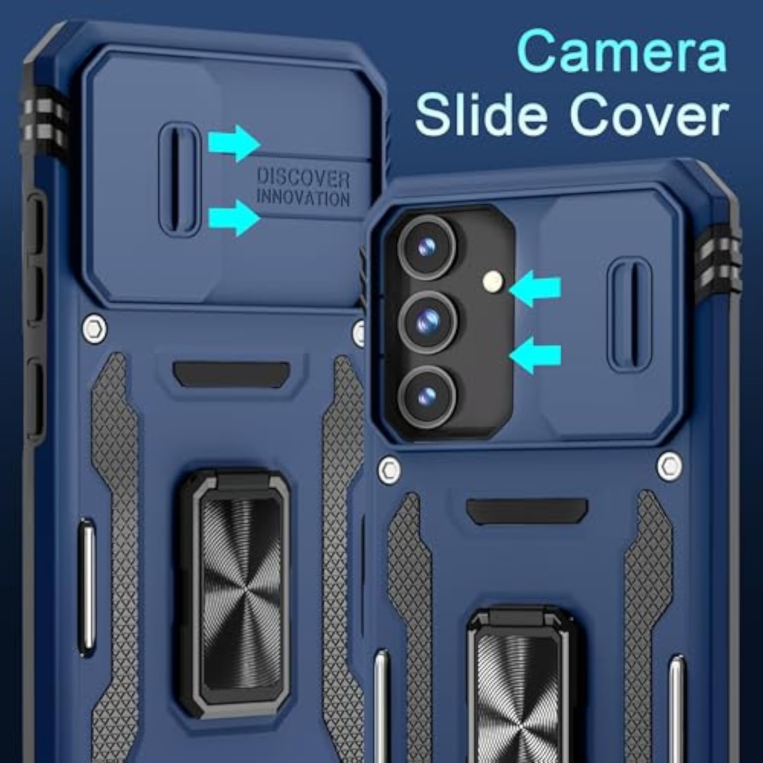 Case For Samsung Galaxy S25 6.2-Inch With Slide Camera Cover+Screen Protector (1 Pack), Rotated Ring Kickstand Military Grade Shockproof Protective Cover-Navy Blue
