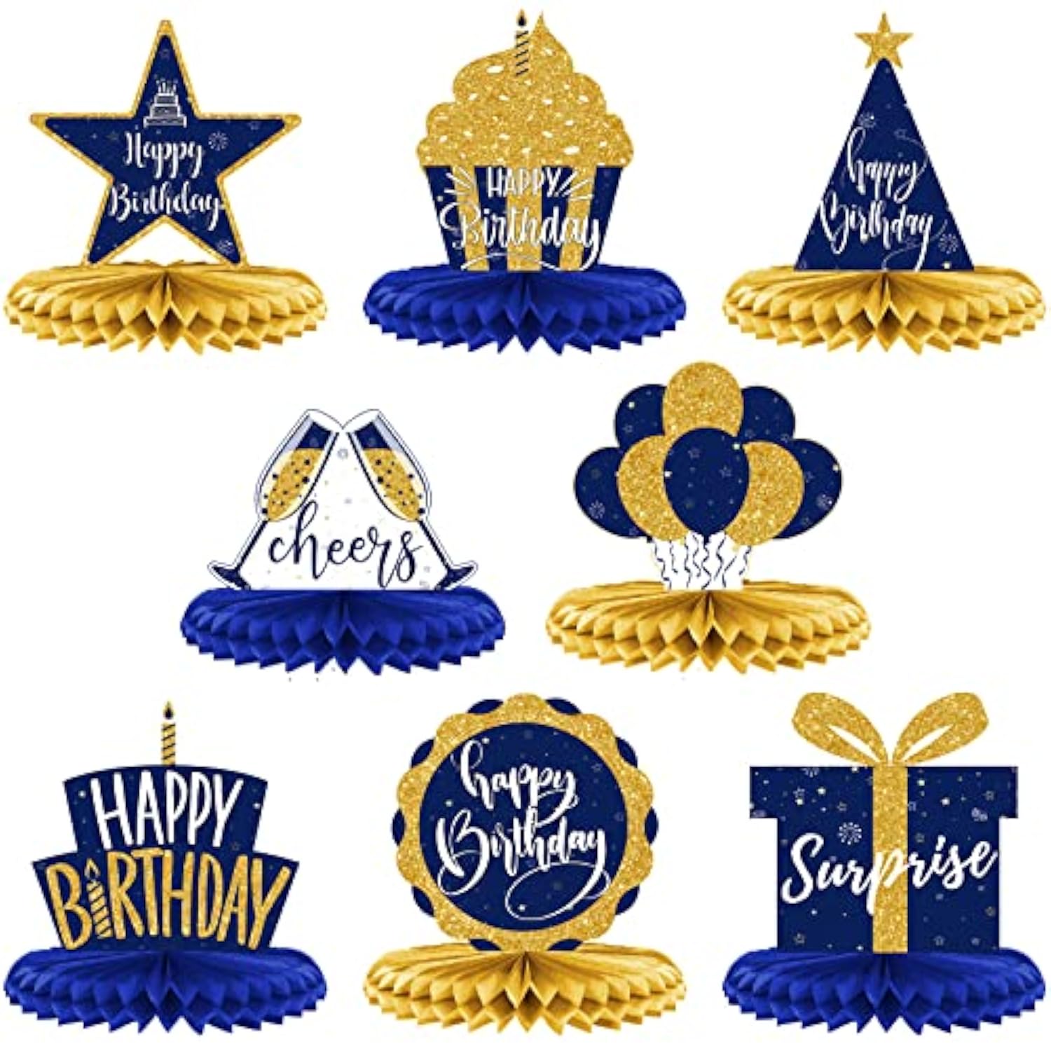 8 Pieces Birthday Centerpiece Table Decoration, Blue And Gold Happy Bi
