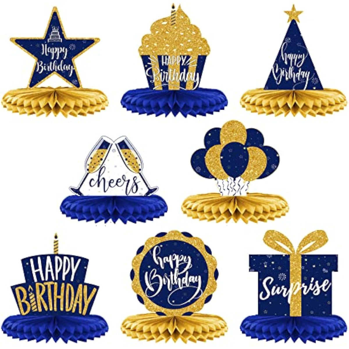 8 Pieces Birthday Centerpiece Table Decoration, Blue And Gold Happy Bi