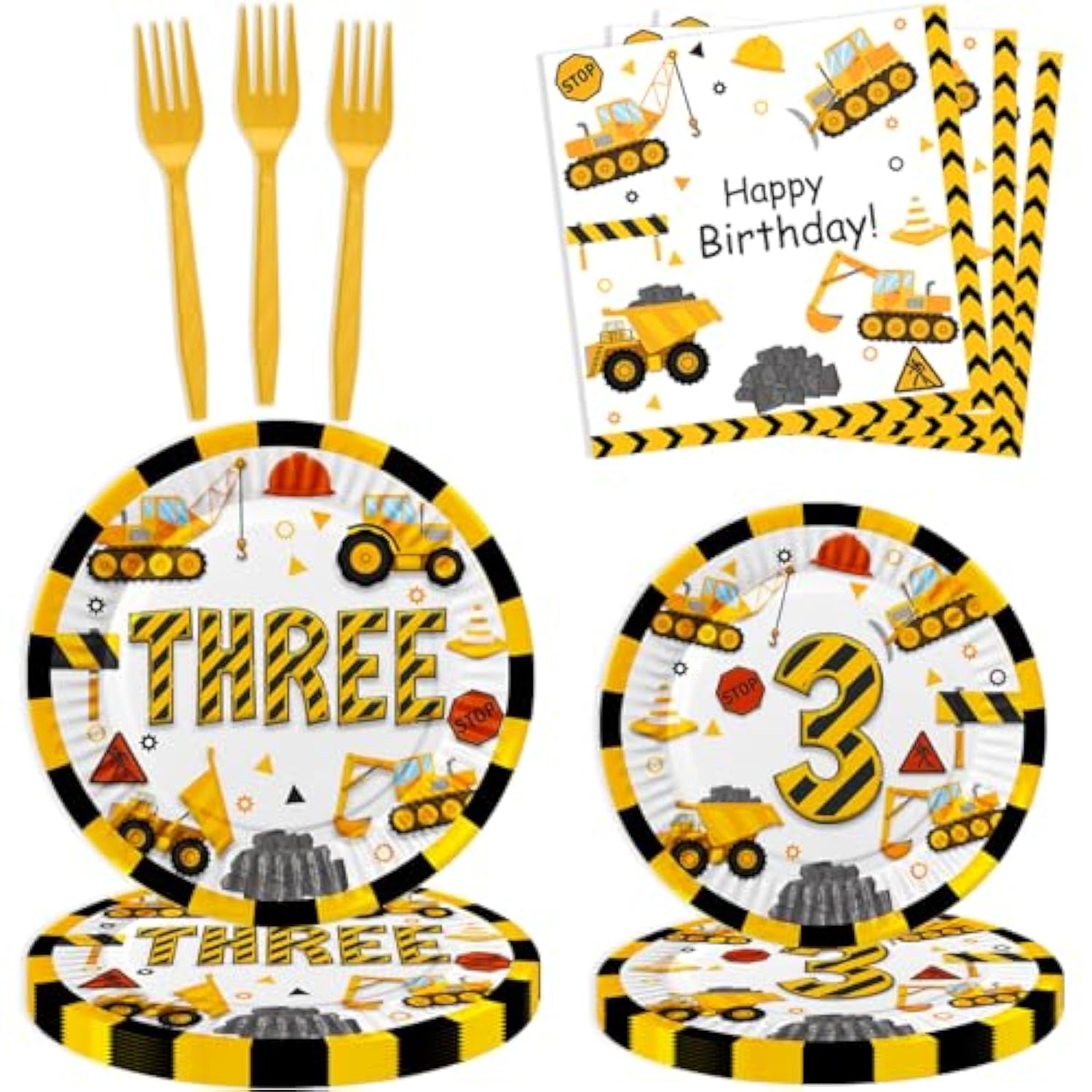 80 Pcs Construction 3Rd Birthday Decorations Construction Three Years Old Disposable Paper Dinner Plates Napkins Forks Dinnerware For Dump Truck Theme 3Rd Bday Party Supplies Decorations