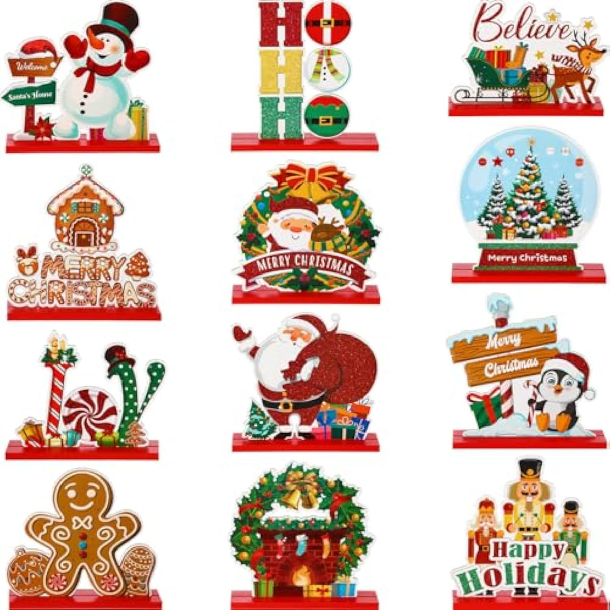 12 Pcs Christmas Wooden Centerpieces For Table Duplex Printing Christmas Table Decorations Snowman Santa Reindeer Gingerbread Man Xmas Sign Decor Holidays Indoor Ornament, 12 Styles