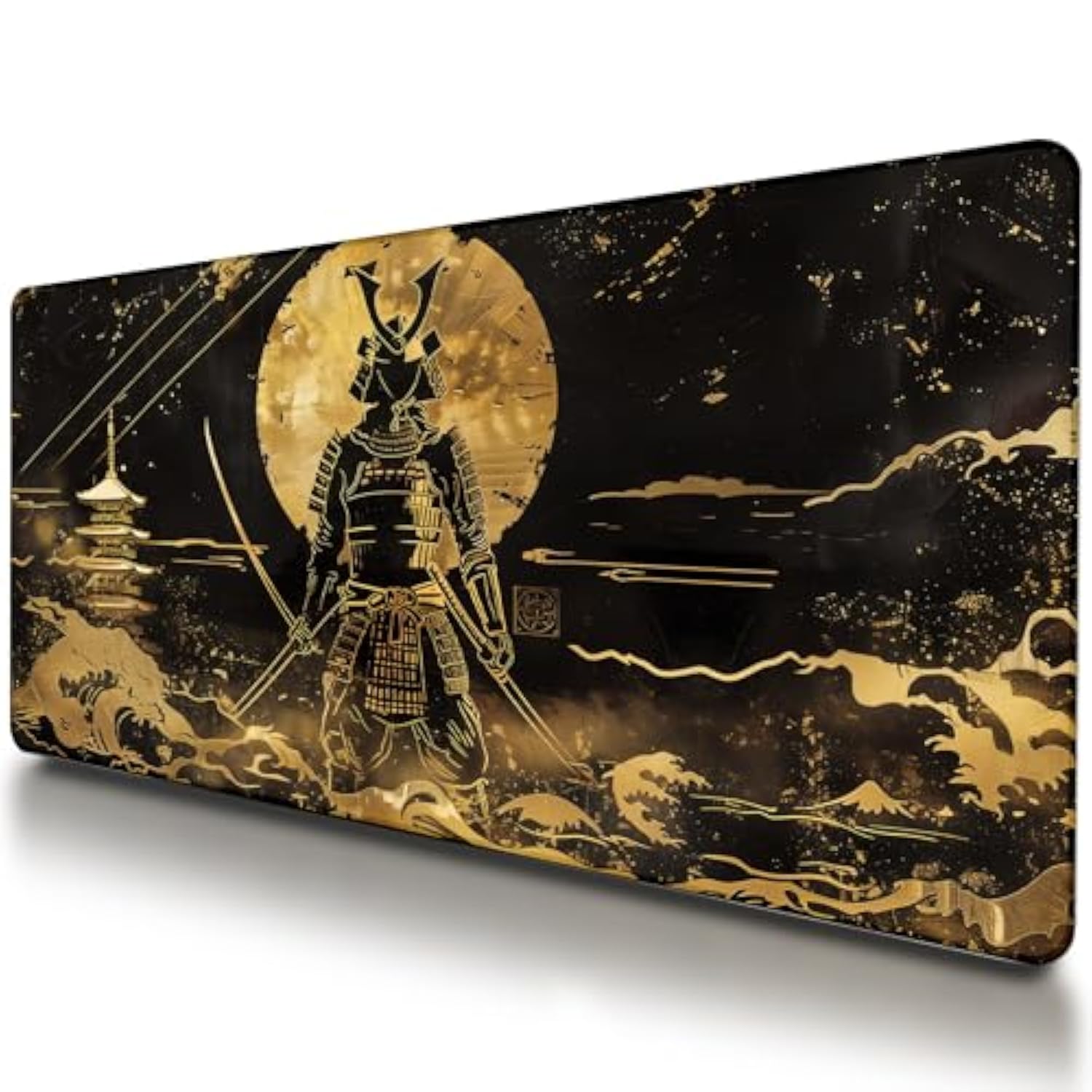 Large Japanese Black And Gold Gaming Mouse Pad, Sea Waves, Premium Non-Slip Anime Desk Pad For Office, Extended Xl Xxl Mouse Mat And Laptop Pad, Waterproof And Stiched Edges 31.5 X 15.7 In (Gs1)