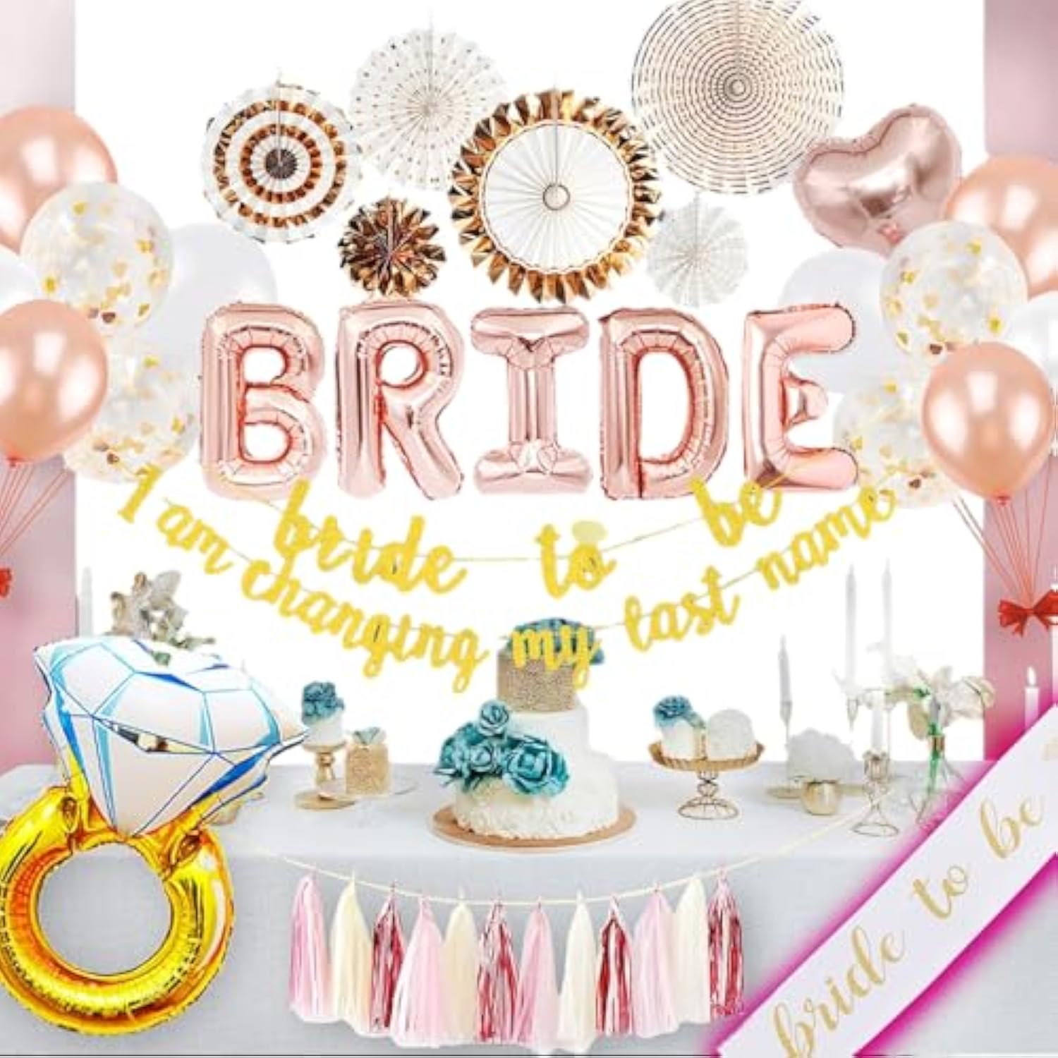 75 Pcs Bridal Shower Decorations - Bride To Be Party Supplies Kit, Bachelorette Party Decorations With Rose Gold, Confetti & Pearl Balloons, Bride To Be Banner & Sash, Ring, Backdrop Garland Tassel