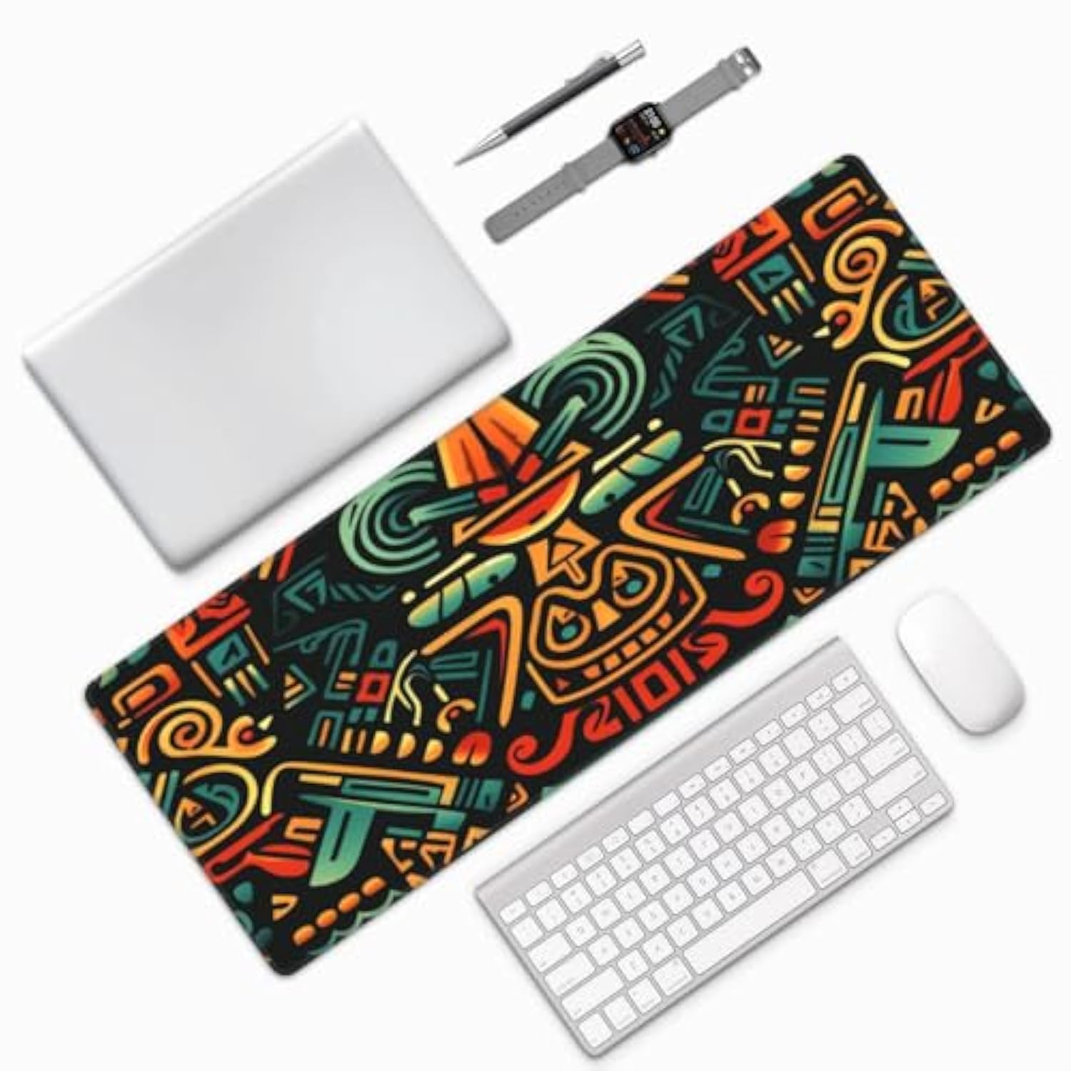 Laptop Mouse Pad Aztec Pattern Desk Mat With Stitched Edges 31.5X 11.8 Inch Non-Slip Large Keyboard Rubber Writing Table Mat For Office Home