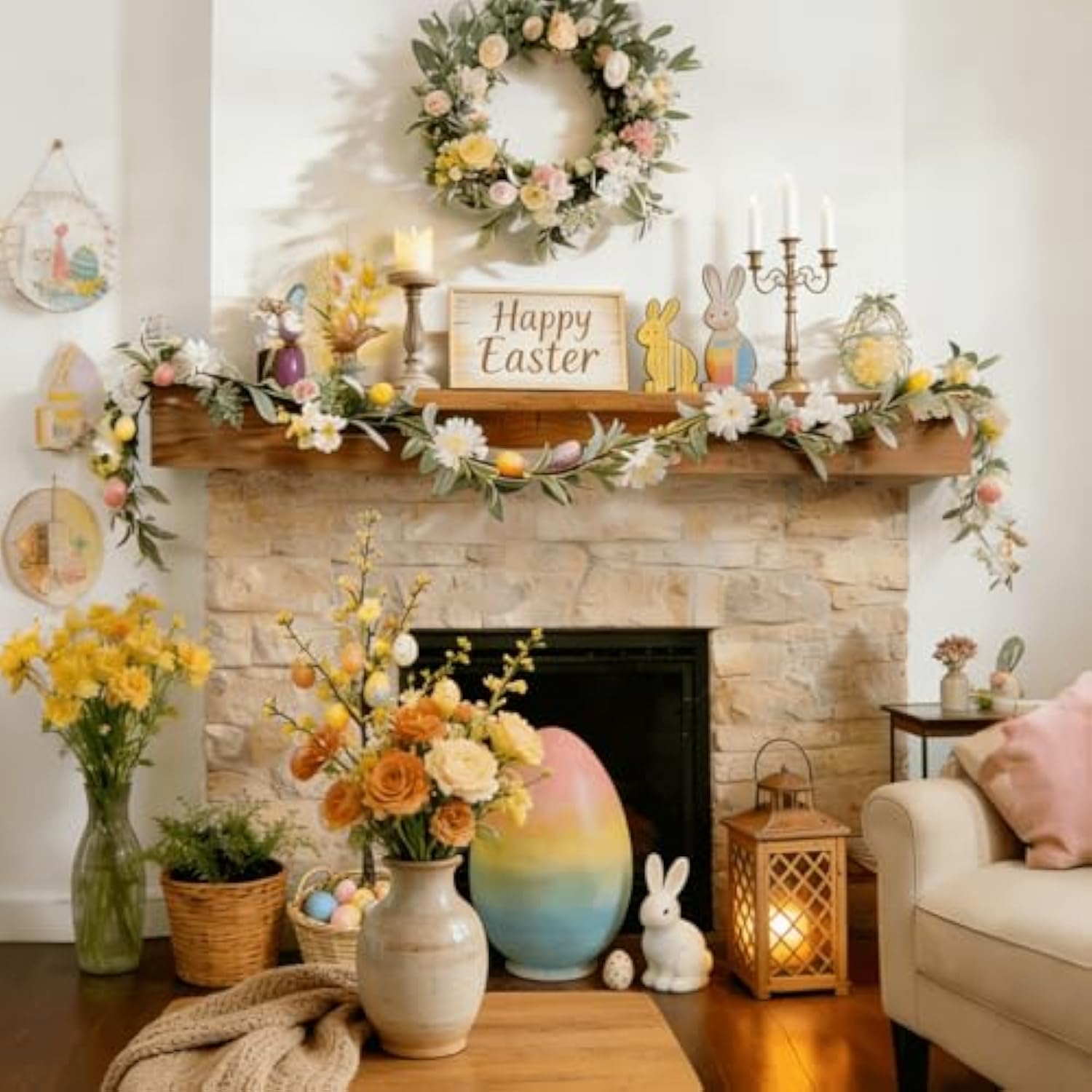 6Ft Pre-Lit Easter Garland With 40 Led Lights, Artificial Waterproof Lambs Ear Spring Floral Greenery With Pastel Eggs & Daisy Flowers For Fireplace Mantels, Tables, Walls,Indoor & Outdoor Decor