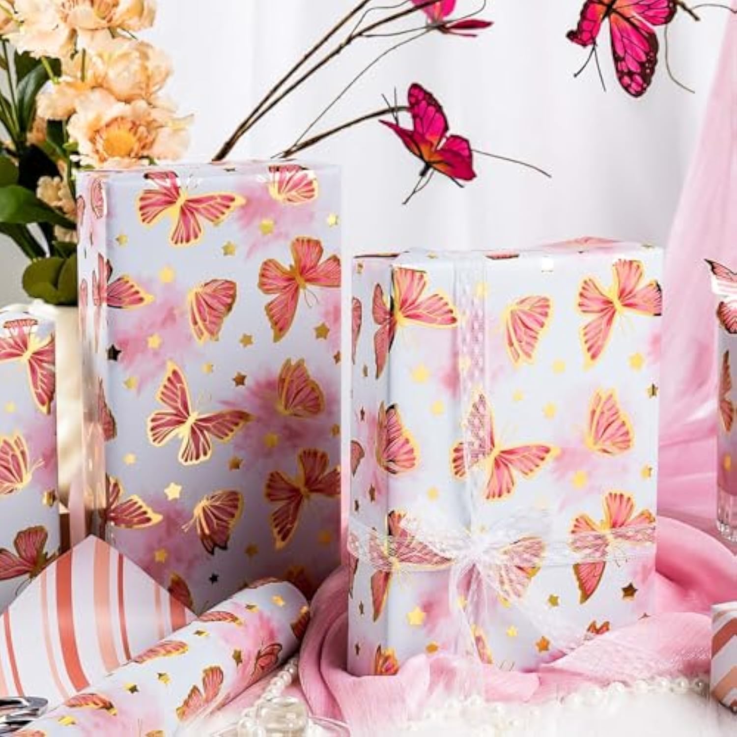 Girl Wrapping Paper Roll, 17In X 33Feet Gold Foil Butterfly Pink Gift Wrap For Baby Shower, Women, Wedding, Bridal Shower