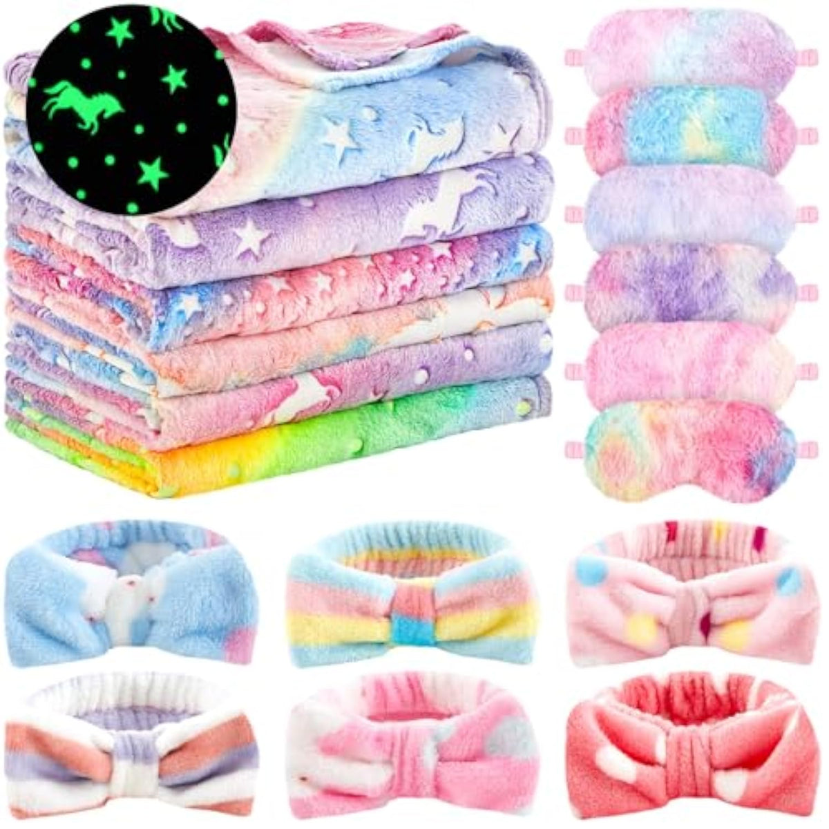 18 Pcs Sleepover Party Supplies, 6 Glow In The Dark Pink Blanket 6 Coral Fleece Spa Headband 6 Eye Mask Covers For Sleeping Slumber Sleepover Spa Party Gift(Cute)