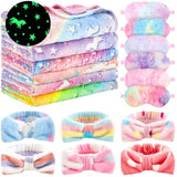 18 Pcs Sleepover Party Supplies, 6 Glow In The Dark Pink Blanket 6 Coral Fleece Spa Headband 6 Eye Mask Covers For Sleeping Slumber Sleepover Spa Party Gift(Cute)